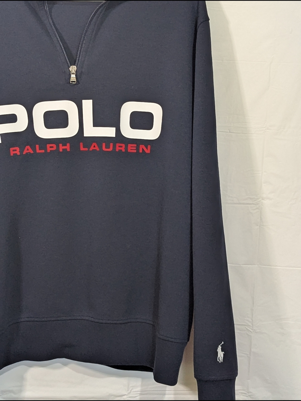 Polo Ralph Lauren Men's Large Navy Quarter Zip Pullover Sweatshirt Logo Spellout - Picture 3 of 11